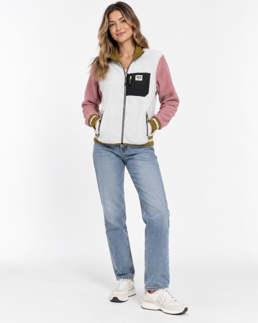 Kari Traa White Pink Fleece Colorblock Full Zip Sweater Womens M Fall Casual